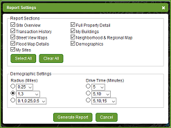 Site Profile Report Settings Window